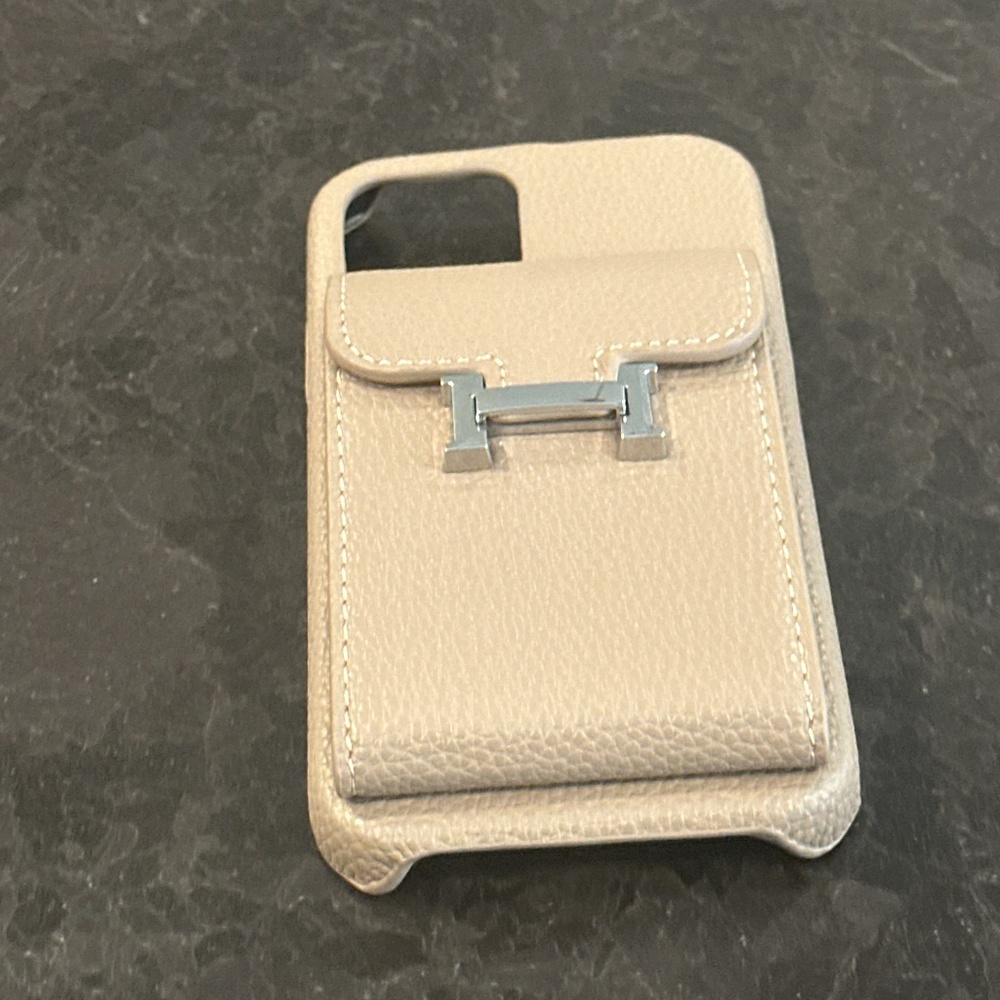 iPhone 12 tan brown beige H leather silver phone case with crossbody strap Euro